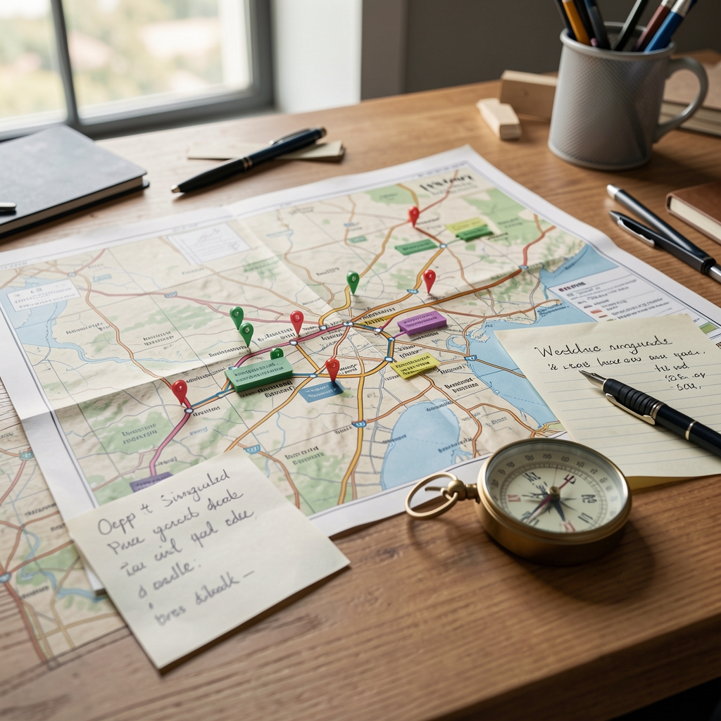 Mapa de rutas, notas manuscritas y una brújula sobre una mesa de trabajo editorial dedicada a deportes singulares