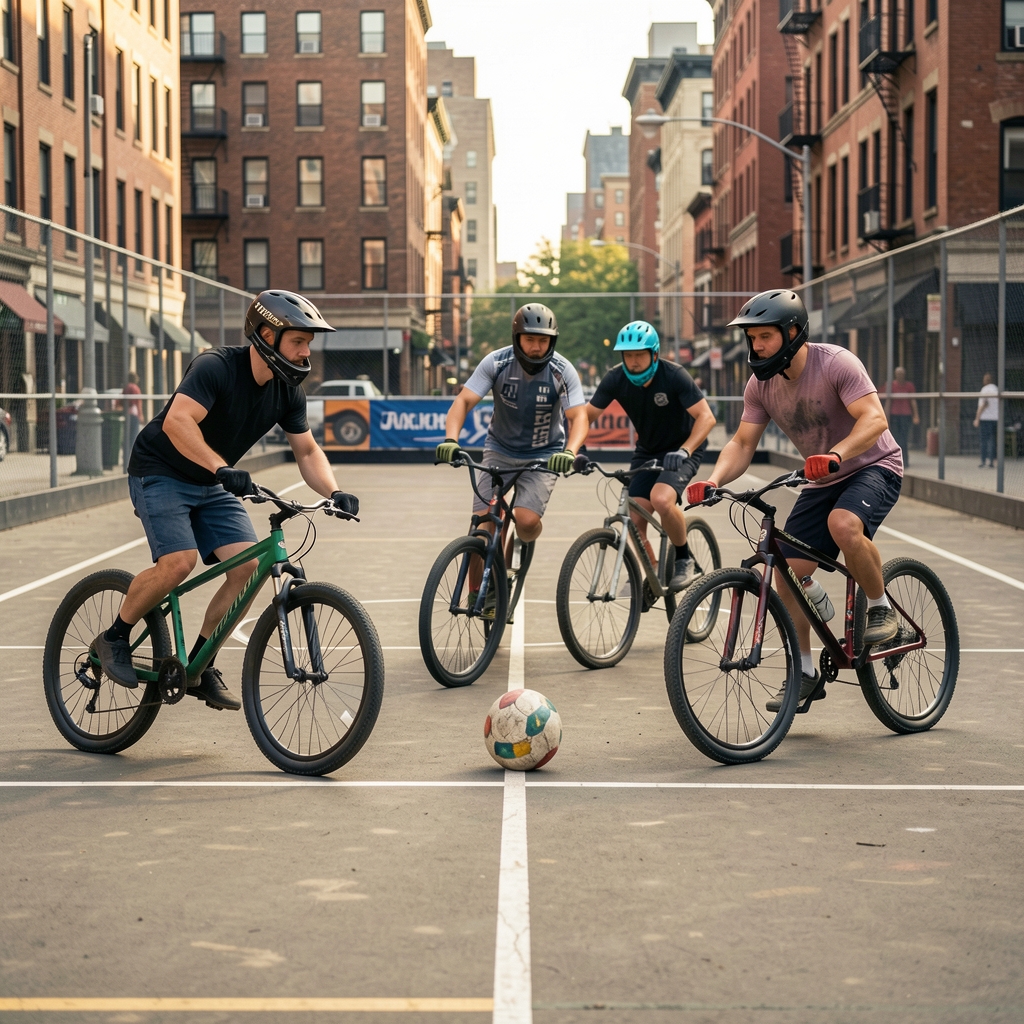Jugadores de bike polo con cascos y bicicletas maniobran alrededor de una pelota en una pista urbana delimitada