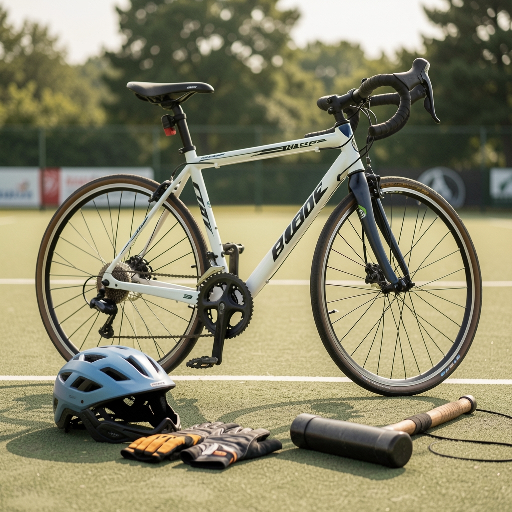 Bicicleta revisada junto a casco, guantes y maza de bike polo colocados antes de un entrenamiento introductorio