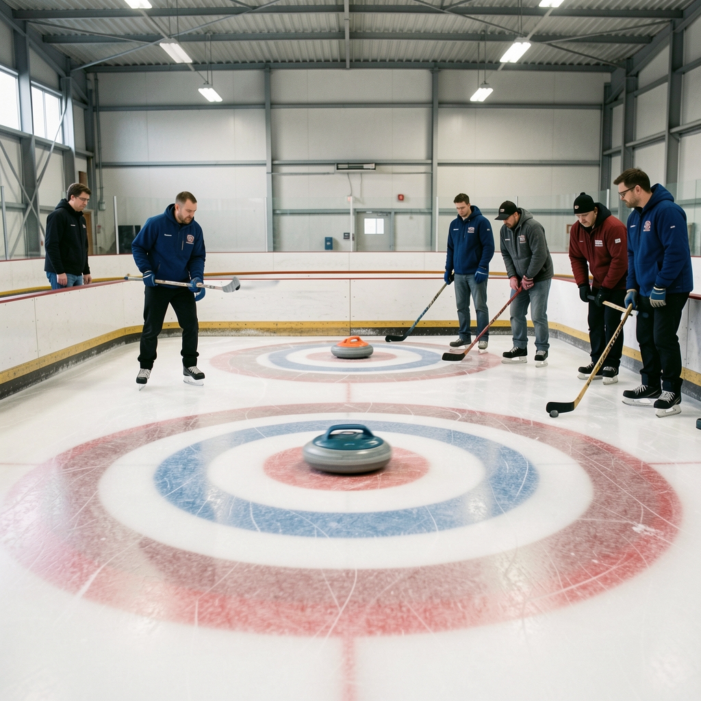 Piedra de curling se desliza sobre una pista de hielo hacia los círculos concéntricos de la casa mientras el equipo observa