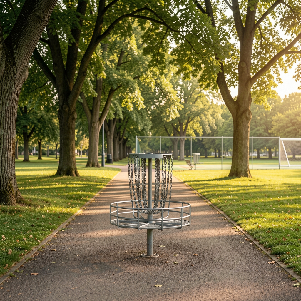 Cesta metálica de disc golf al final de un sendero de parque con árboles y una zona de salida visible a distancia
