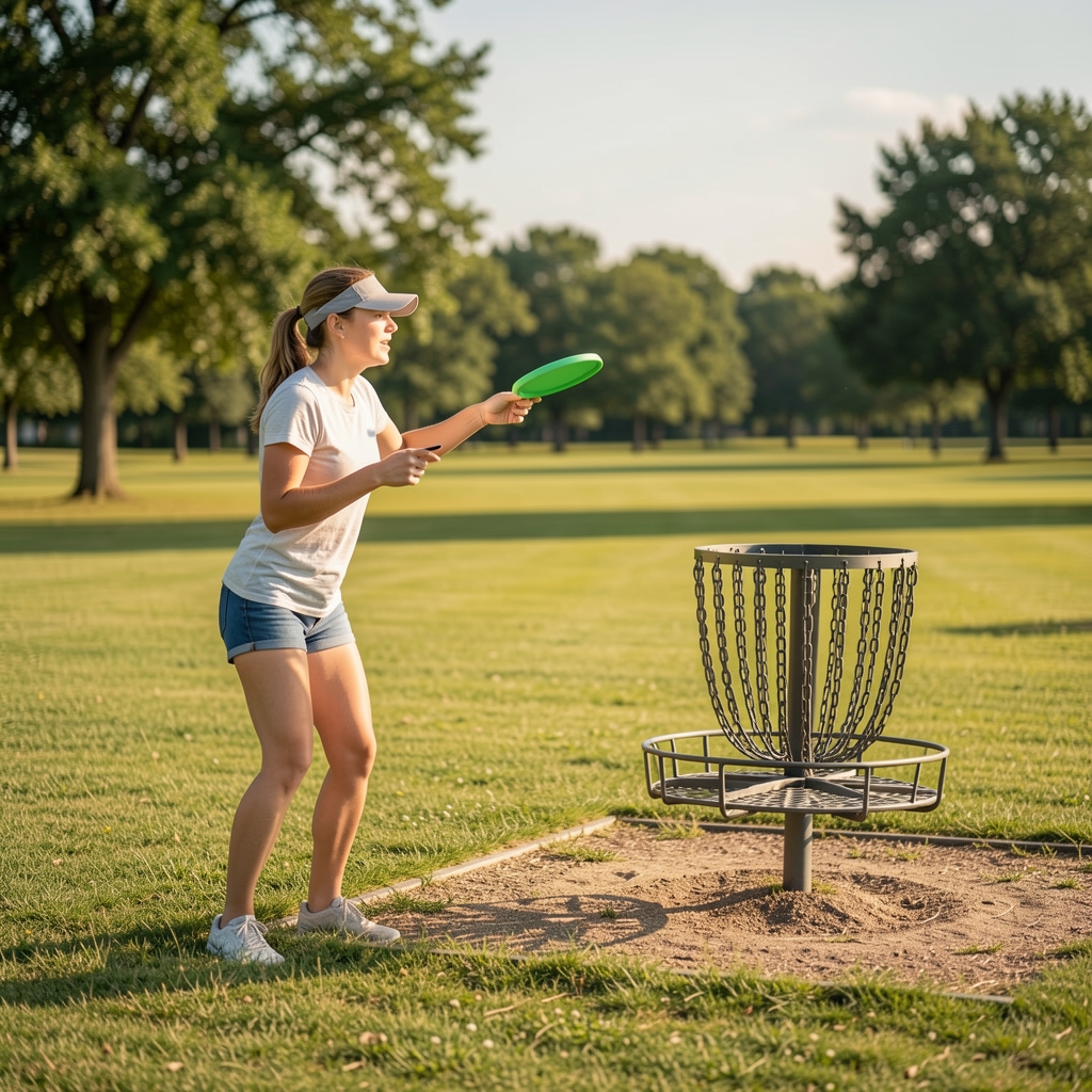 Jugadora de disc golf lanza un disco de color hacia una cesta en un claro amplio y sin personas delante