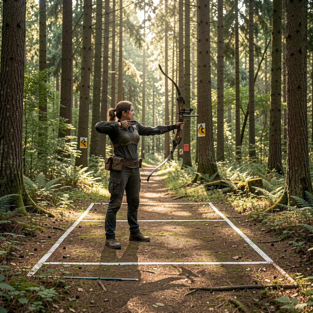 Diana de tiro con arco colocada en un recorrido de bosque señalizado con una zona de lanzamiento delimitada