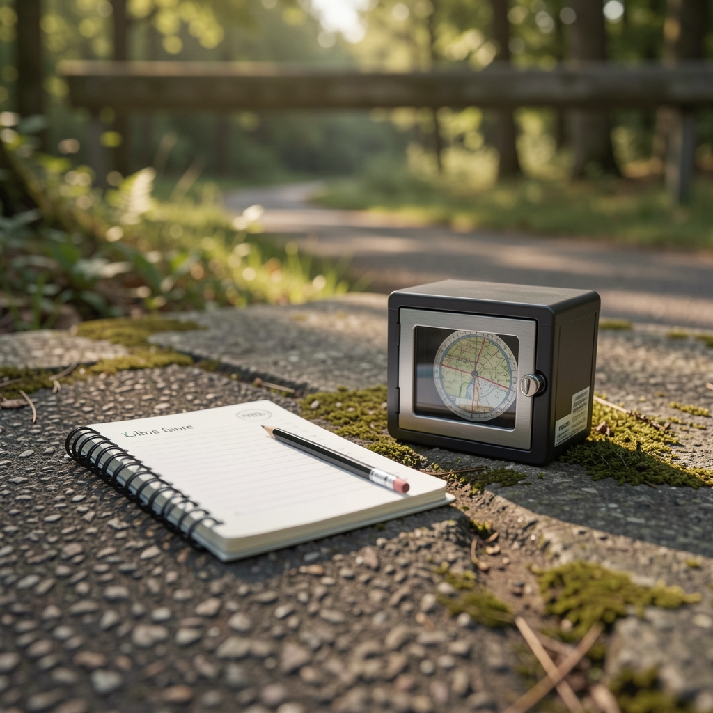 Libreta de ruta y lápiz junto a una pequeña caja de registro de geocaching colocada de forma discreta en un espacio autorizado