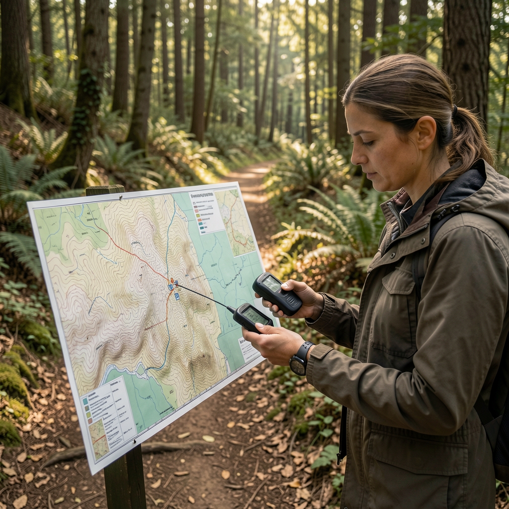 Persona consulta un mapa topográfico y un receptor de navegación en un sendero antes de buscar un punto de geocaching