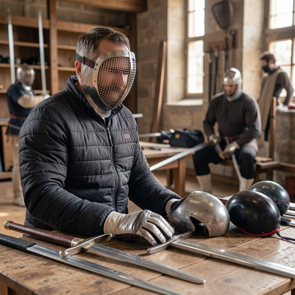 Máscara, chaqueta acolchada, guantes y simuladores de esgrima histórica preparados para una práctica supervisada