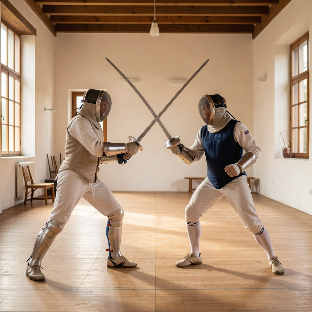 Dos practicantes de esgrima histórica entrenan con espadas de simulación y equipo protector en una sala despejada