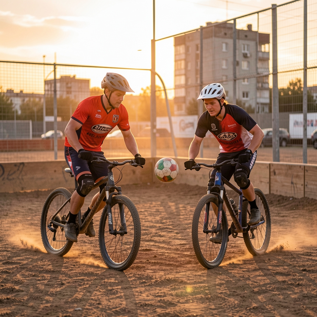 Dos ciclistas con casco coordinan un pase de pelota en una pista urbana de bike polo al atardecer