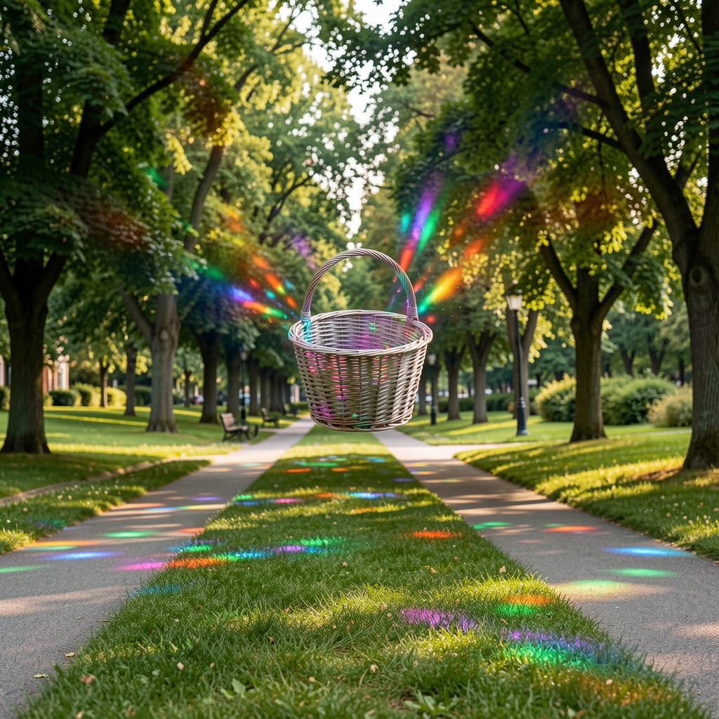Disco de colores en pleno vuelo sobre una calle de césped hacia una cesta metálica en un parque arbolado