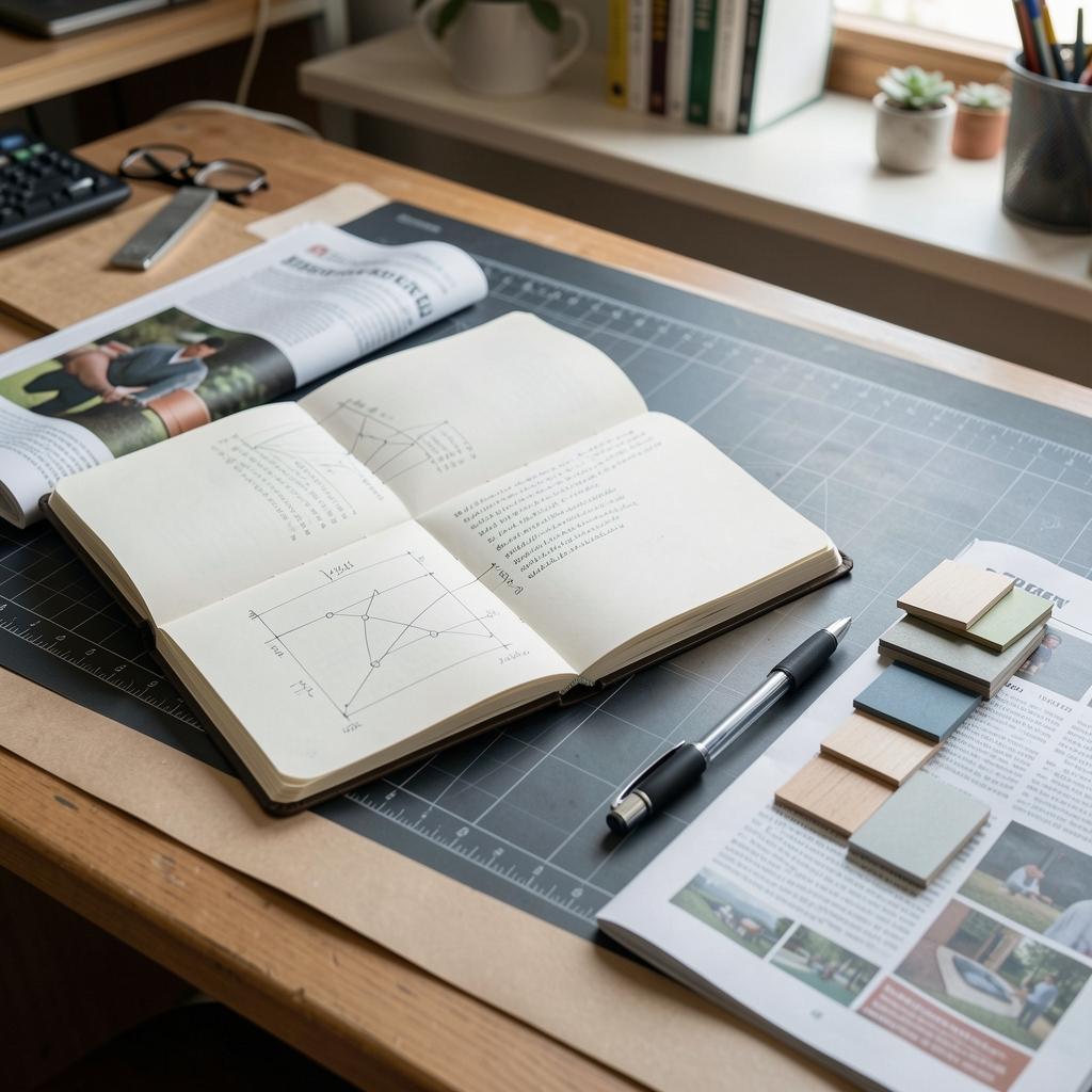 Cuaderno de campo abierto junto a fichas de material y un bolígrafo sobre la mesa de edición de una revista
