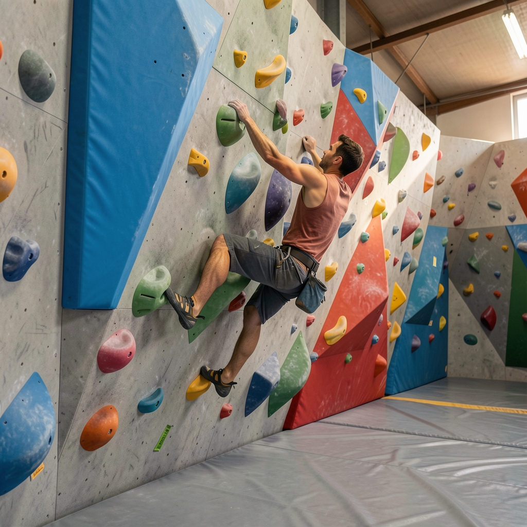 Escalador de boulder en un muro interior con colchonetas gruesas y presas de colores