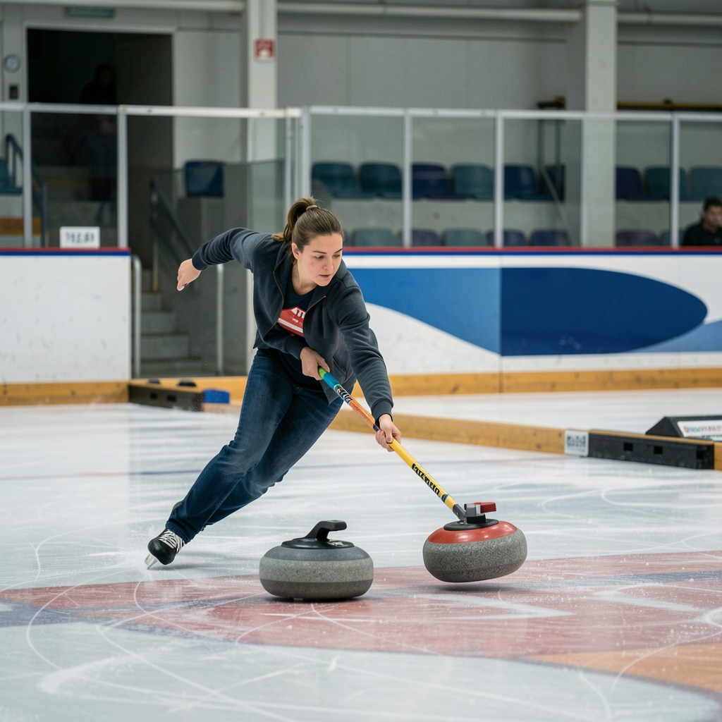 Jugadora de curling deslizándose sobre el hielo con una piedra de granito hacia la casa pintada