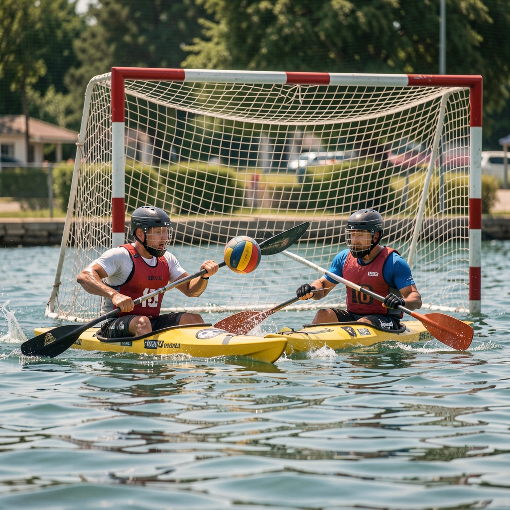Dos palistas de kayak polo con casco compiten por un balón junto a una portería suspendida sobre el agua