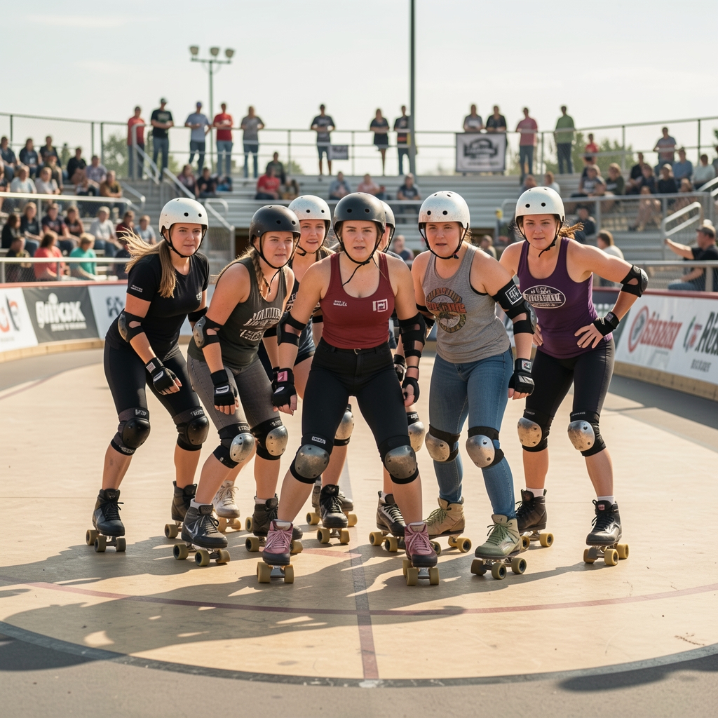Patinadoras de roller derby con casco y protecciones formando un grupo compacto en una pista ovalada