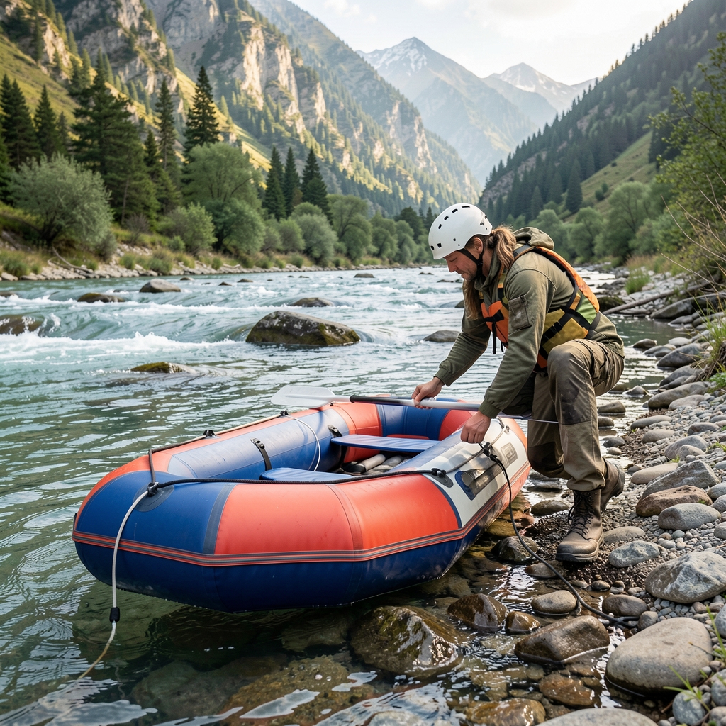 Una persona prepara una embarcación ligera hinchable junto a la orilla de un río de montaña antes de una ruta de packrafting