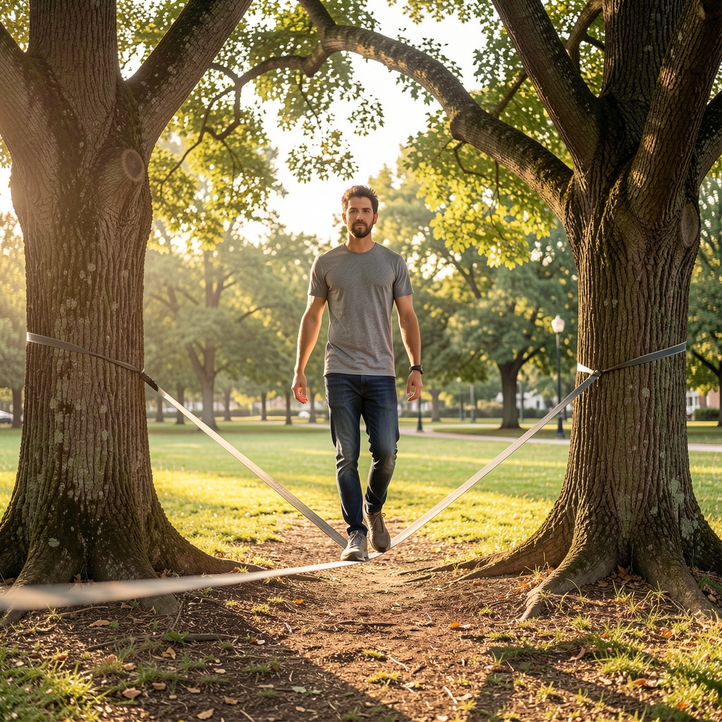 Persona caminando sobre una cinta de slackline tensada entre dos árboles en un parque con luz de la mañana