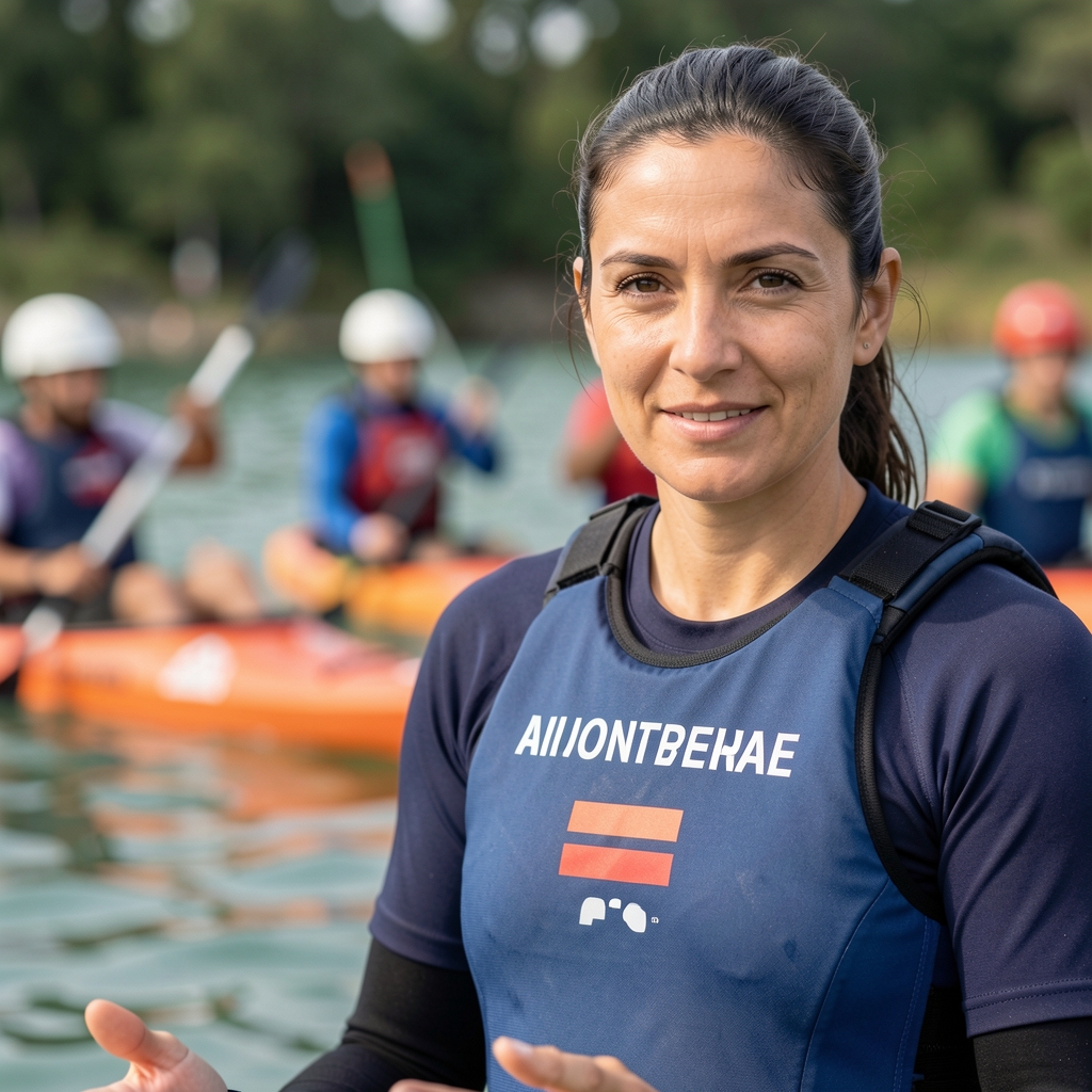 Instructora explica los límites del área acuática y las señales de seguridad a un grupo de kayak polo antes de entrar al agua