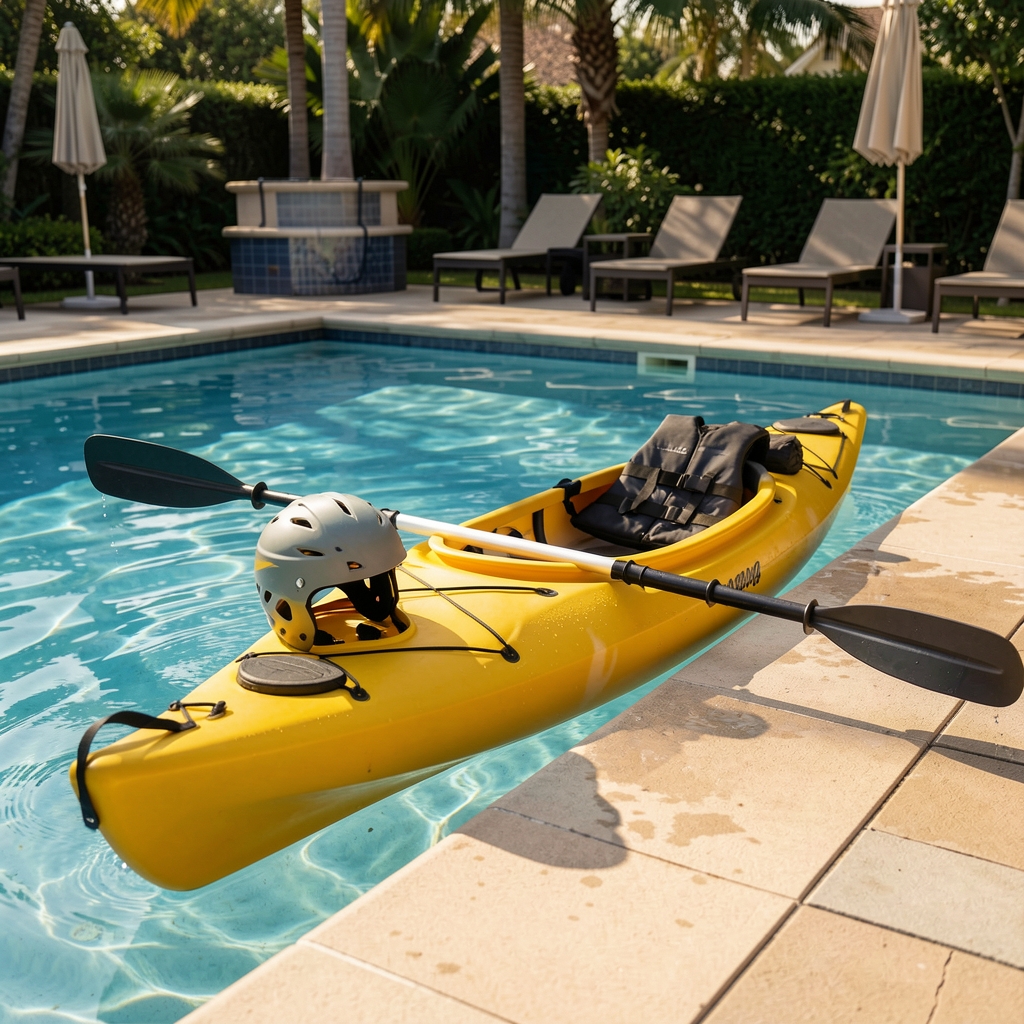 Kayak corto de kayak polo, casco, pala y chaleco revisados en el borde de una piscina antes de una sesión supervisada