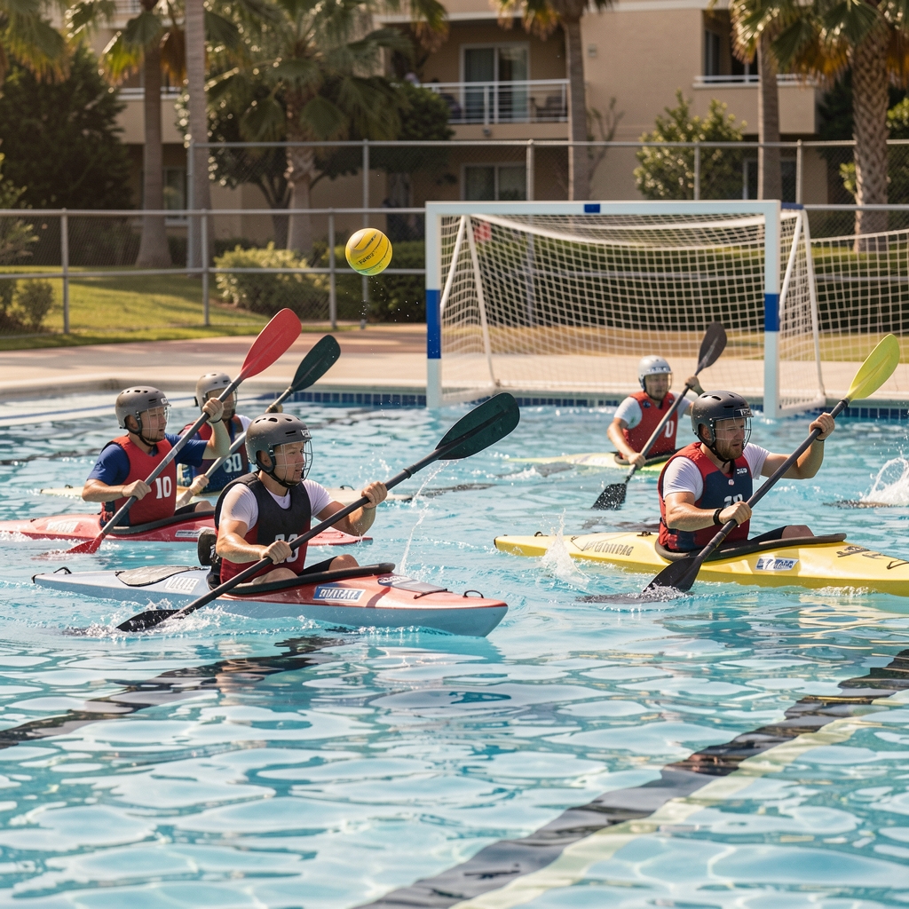 Equipos de kayak polo con cascos y palas se desplazan en una piscina mientras una pelota se dirige hacia una portería elevada