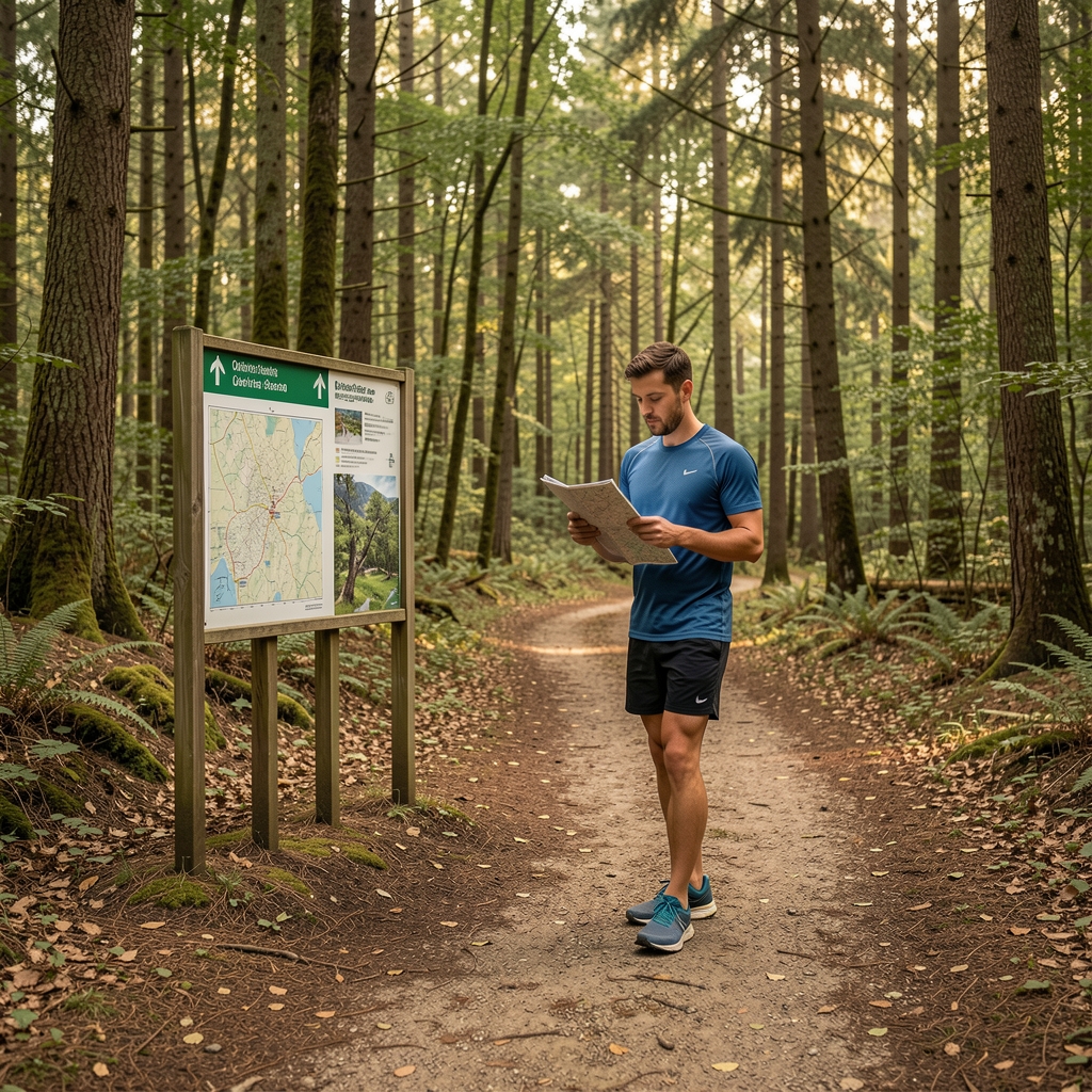 Baliza de orientación deportiva junto a un sendero de bosque señalizado con un corredor consultando su mapa antes de continuar