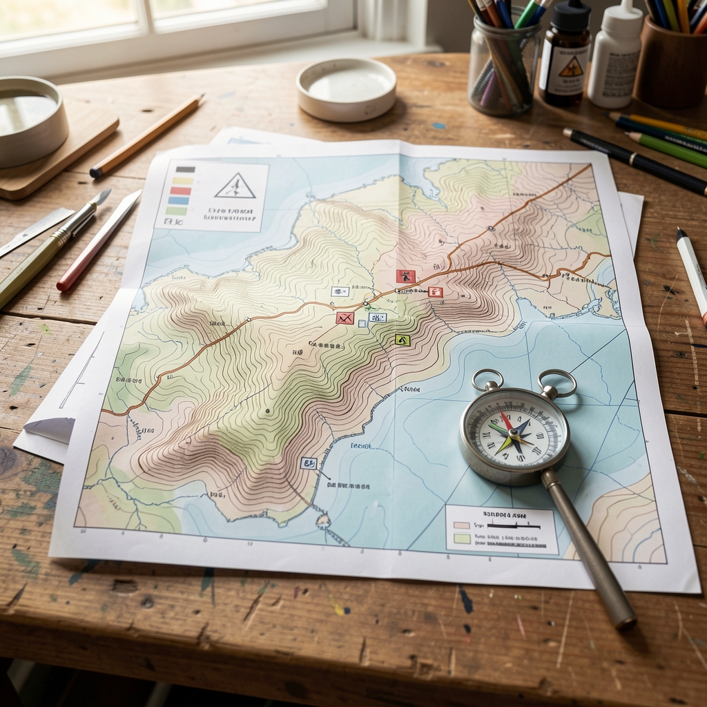 Mapa de orientación con curvas de nivel, símbolos de control y brújula colocado sobre una mesa de preparación