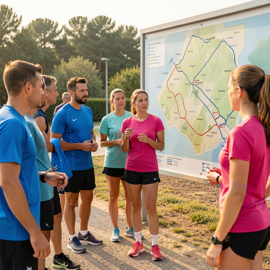 Grupo escucha las instrucciones de una responsable de orientación deportiva delante de un panel con el mapa y los límites de carrera