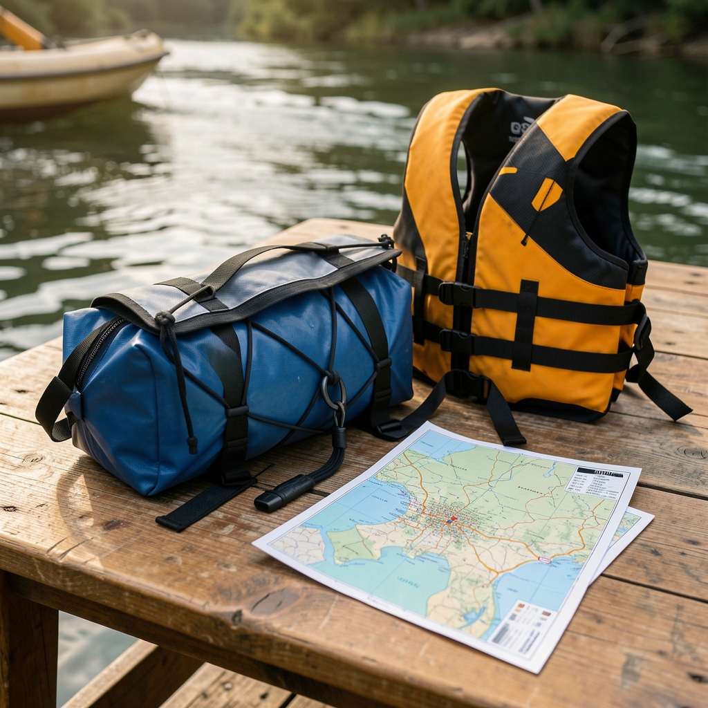 Embarcación plegable, bolsa estanca, chaleco y mapa revisados sobre una mesa antes de planificar una salida de packrafting