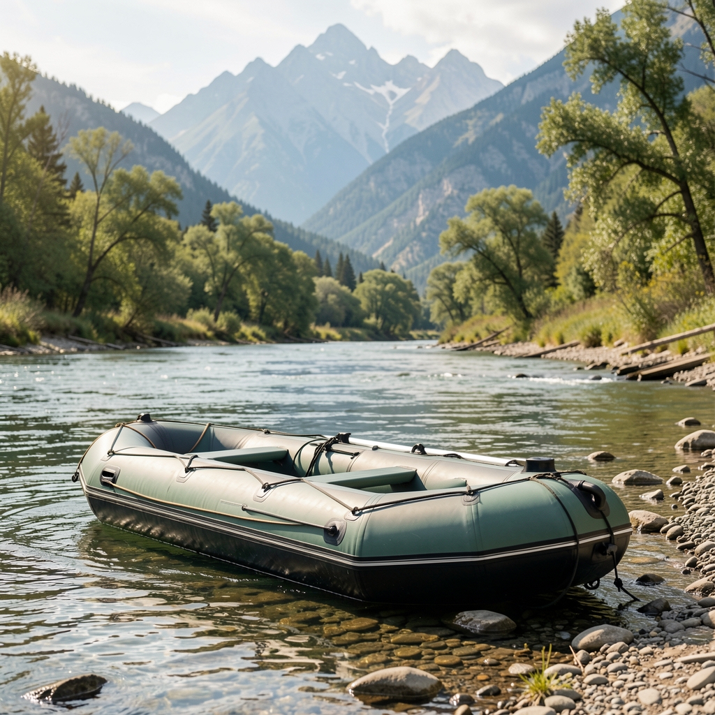 Embarcación inflable ligera de packrafting preparada en una orilla de río con una ruta de montaña al fondo