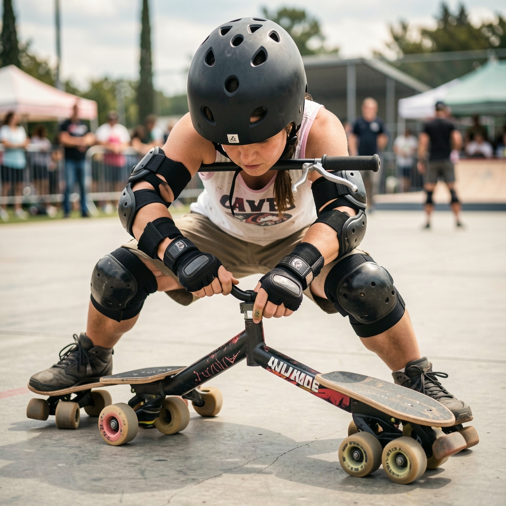 Patines quad, casco, rodilleras, coderas y muñequeras de roller derby revisados antes de una práctica guiada
