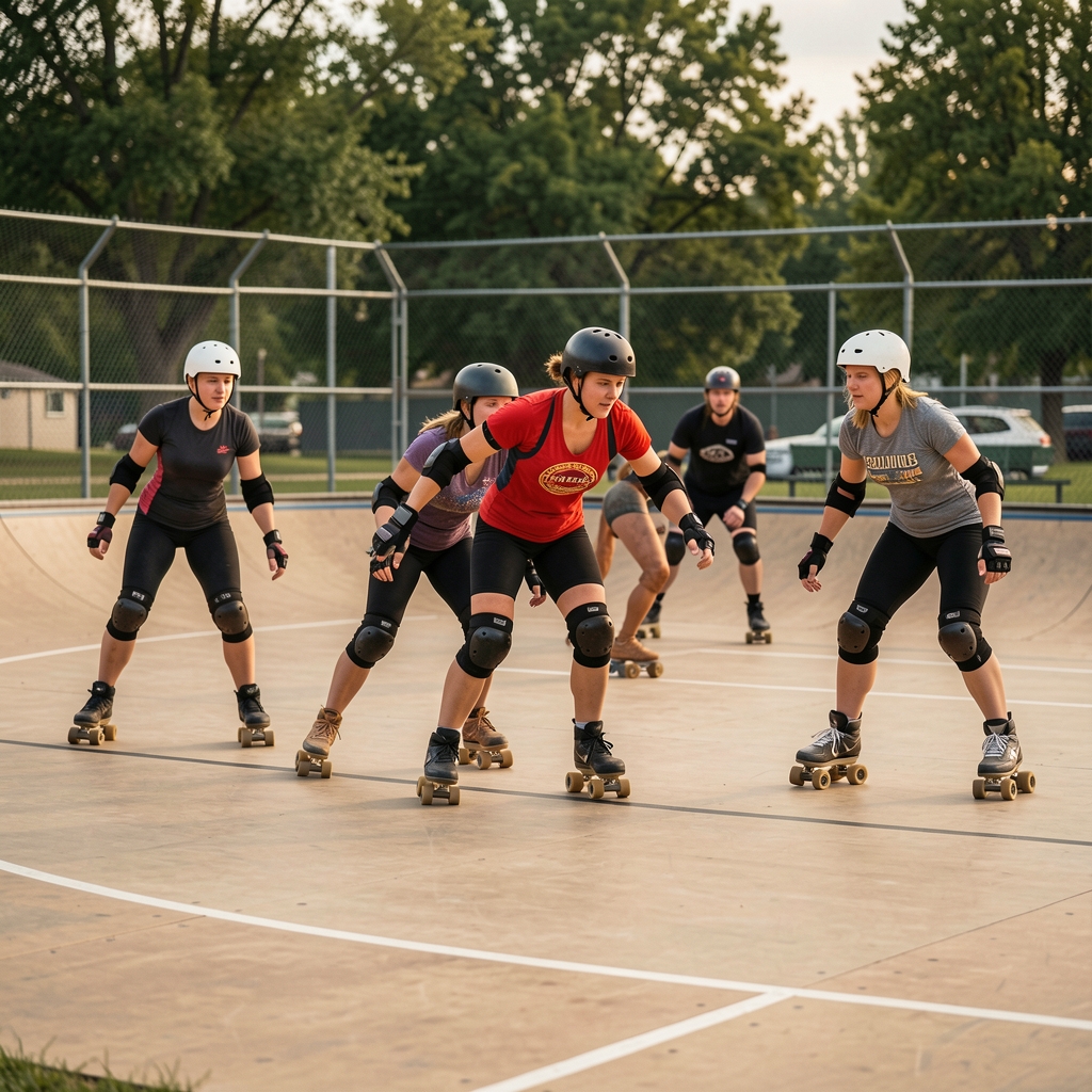 Patinadoras de roller derby recorren una pista ovalada con casco y protecciones durante un entrenamiento de equipo