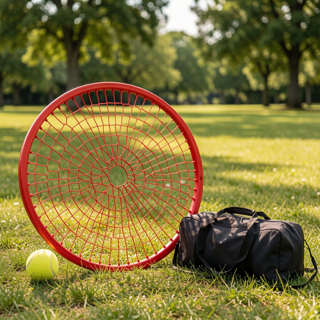 Red circular de roundnet tensada de forma uniforme junto a una pelota y una bolsa de transporte antes de una actividad al aire libre