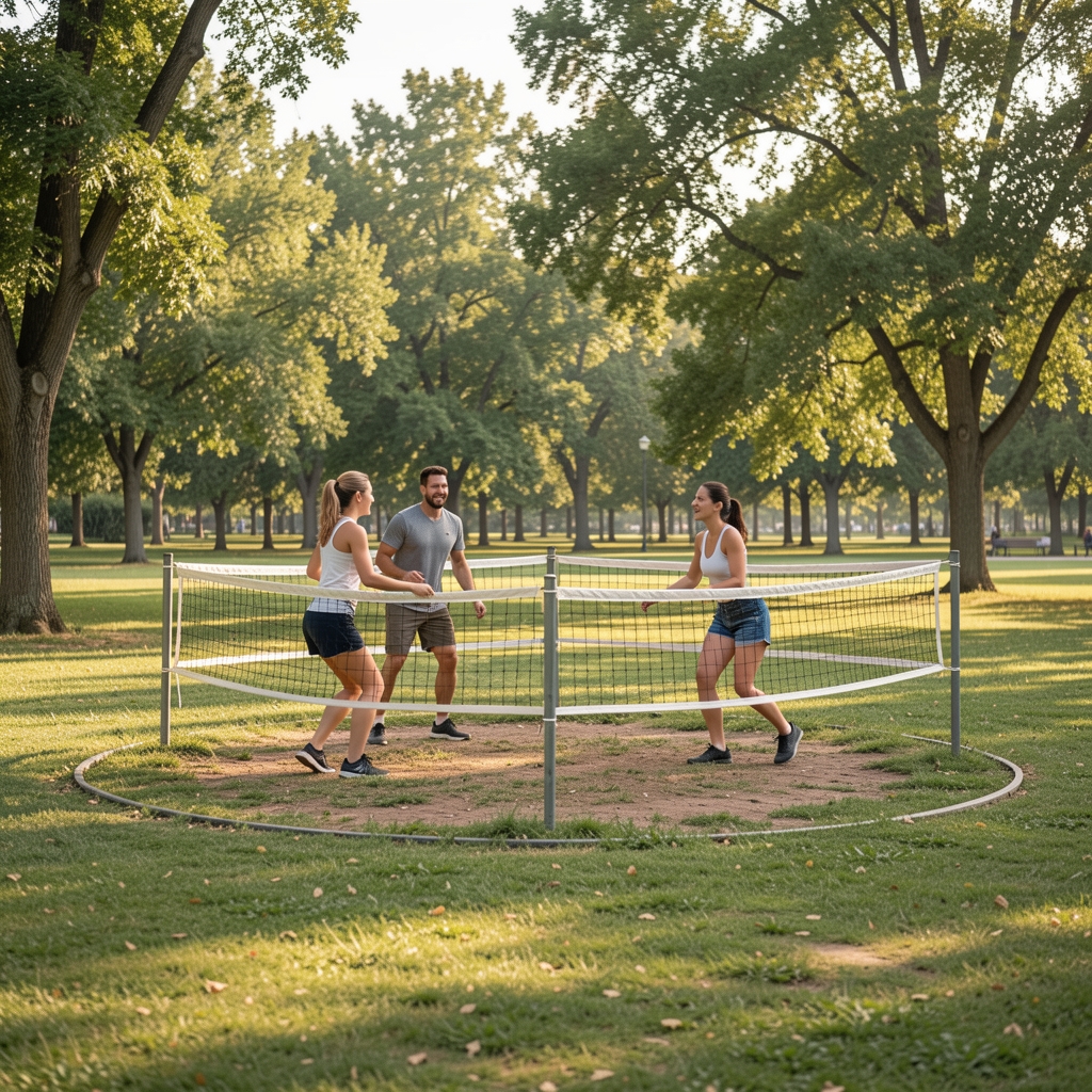 Dos parejas de roundnet se mueven alrededor de una red circular baja en un parque con espacio libre a su alrededor