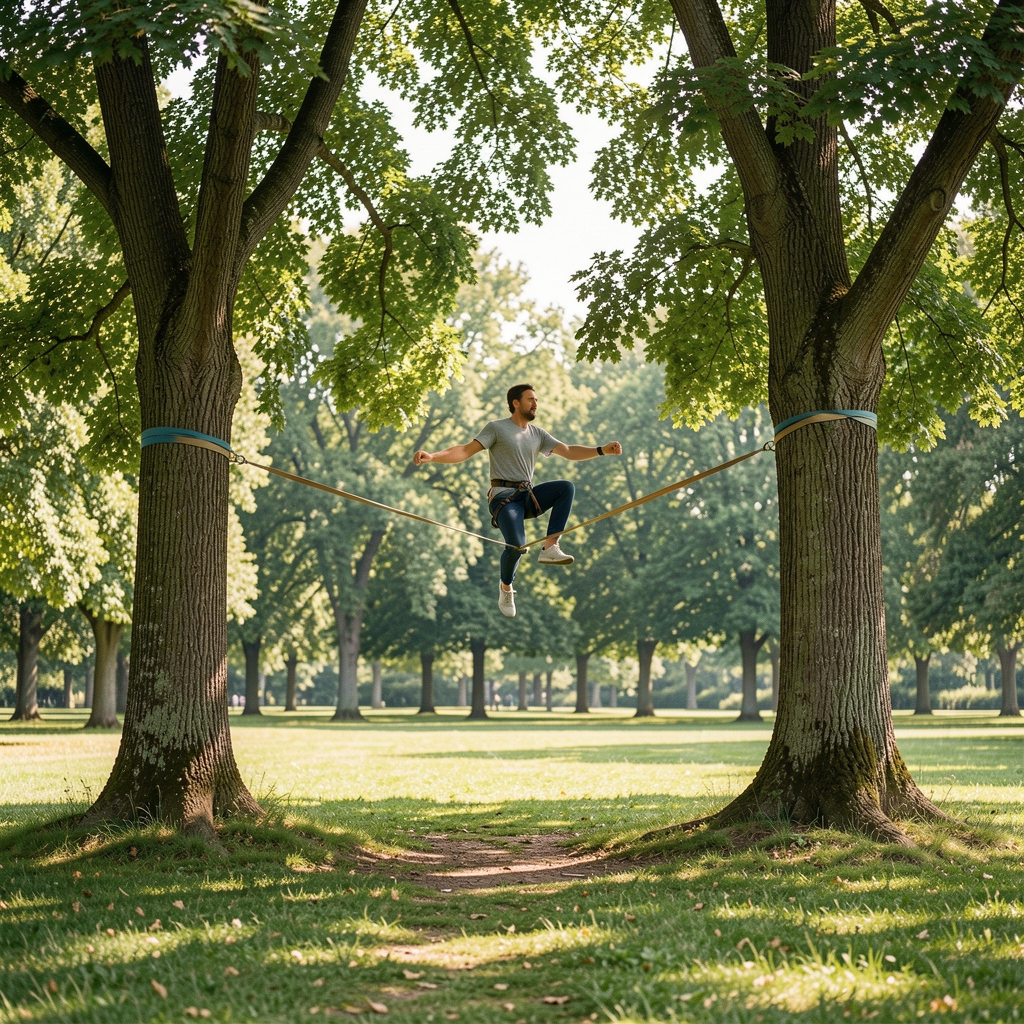 Cinta de slackline montada a poca altura entre dos árboles protegidos en una zona despejada de parque