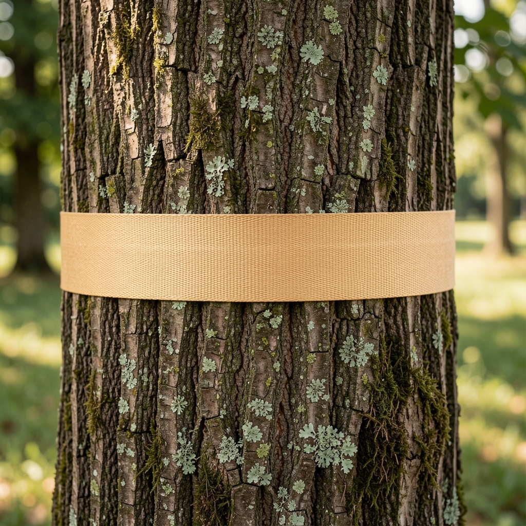 Detalle de protección ancha entre una cinta de equilibrio y el tronco de un árbol en una instalación autorizada