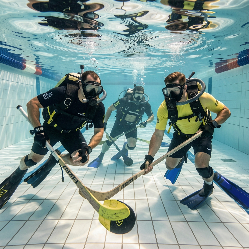 Jugadores equipados con máscara, tubo y aletas disputan un disco en el fondo de una piscina durante hockey subacuático